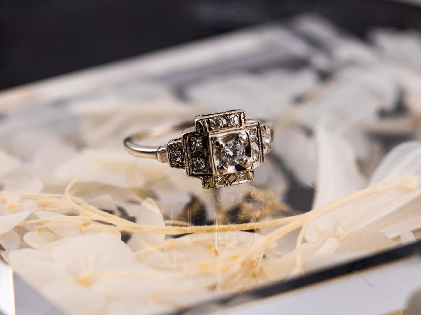 Vintage diamond engagement ring 14k solid gold engagement ring circa 1920s old European cut art deco engagement ring, size 8.75