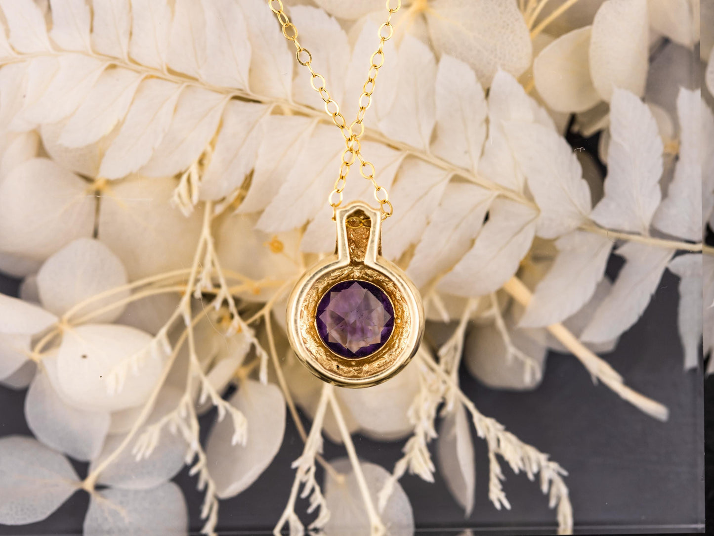 Vintage Amethyst necklace pendant 14k solid gold necklace bezel set chunky statement piece heirloom jewelry