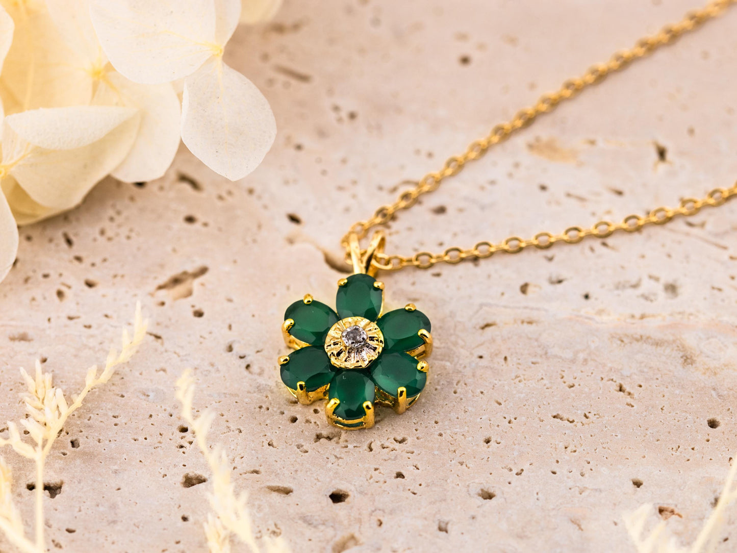 Flower necklace pendant 18k plated gold necklace nature inspired necklace floral necklace green agate and diamond necklace 18 inch chain