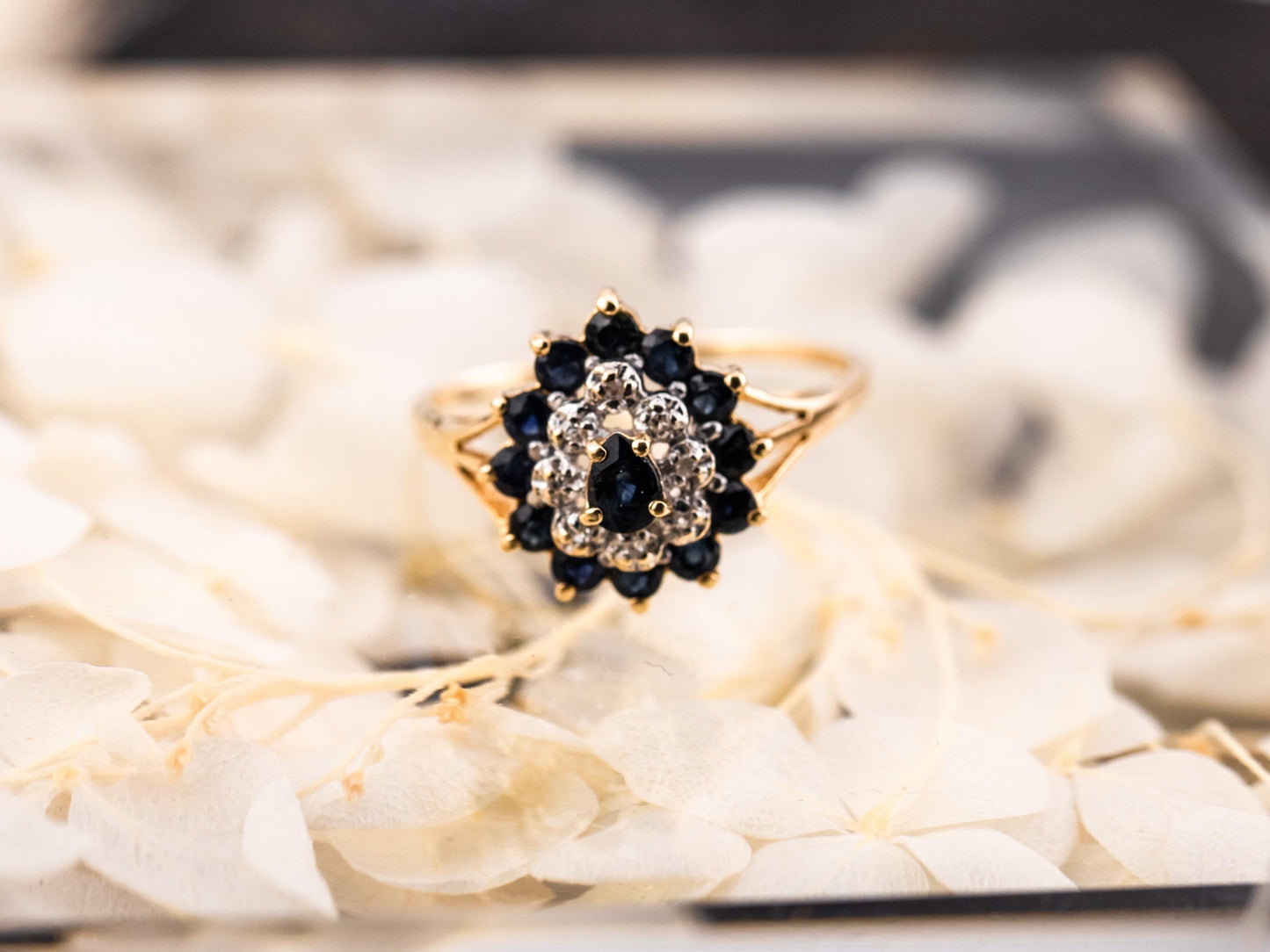 Vintage sapphire and diamond ring 14k solid gold statement or engagement ring floral inspired genuine antique ring vintage ring