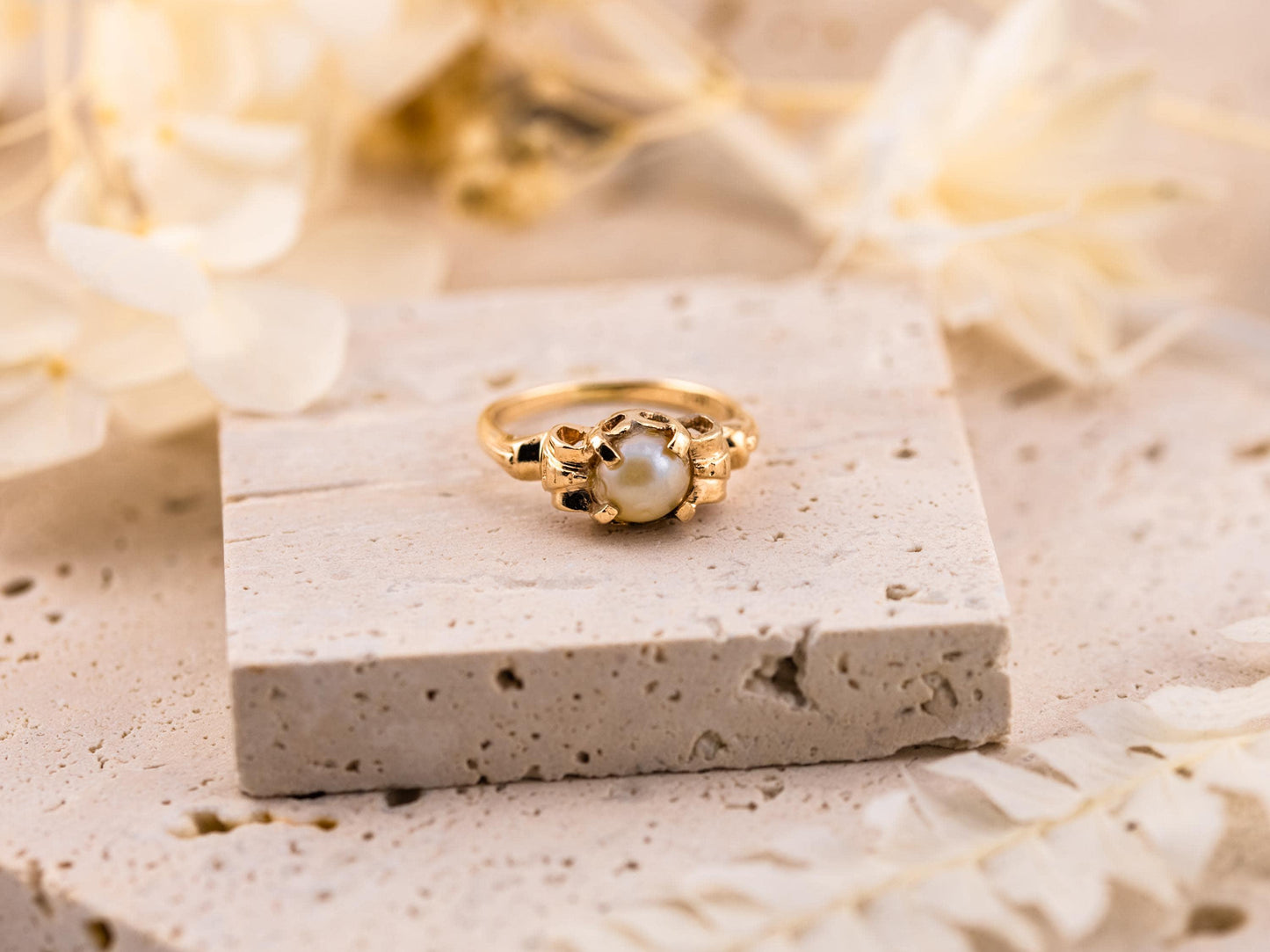 Vintage pearl ring 14k solid yellow gold statement or engagement ring genuine antique ring vintage ring, size 5