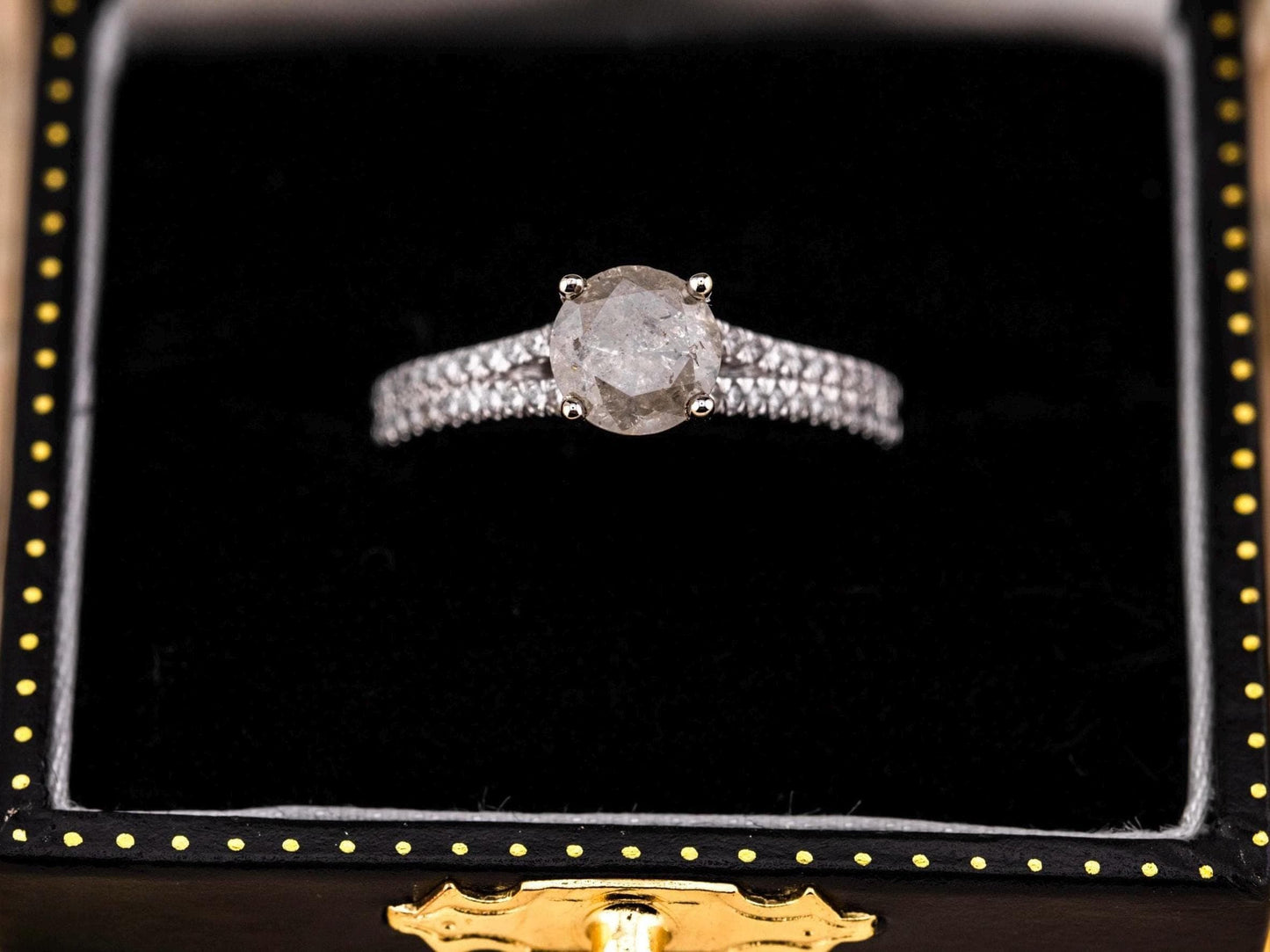Salt and pepper diamond engagement ring with pave band 14k solid white gold engagement ring round cut 1.59ct natural diamond ring, size 6.5