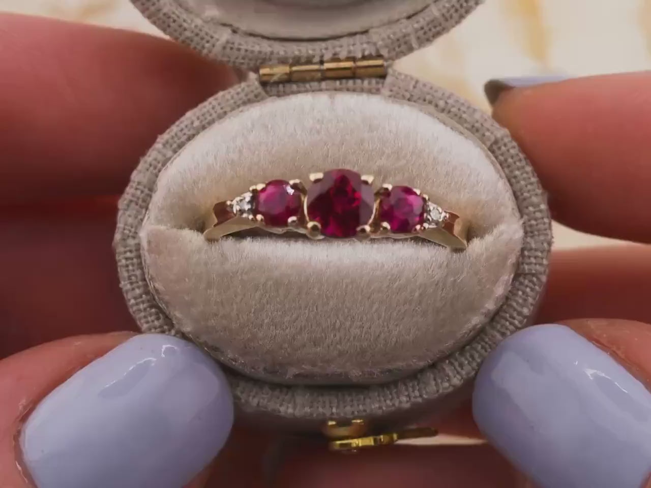 Vintage ruby ring round cut three stone ruby ring 10k solid yellow gold lab grown ethical ruby and diamond ring, size 6.5