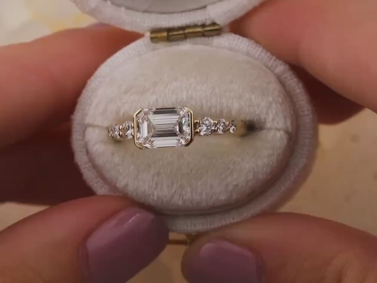 Emerald cut engagement ring east west lab grown diamond ring 1.75 carat solid gold IGI certified lab grown diamonds custom engagement ring