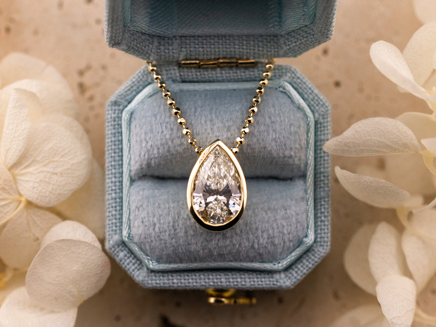 Lab grown diamond pendant, bezel set pear 