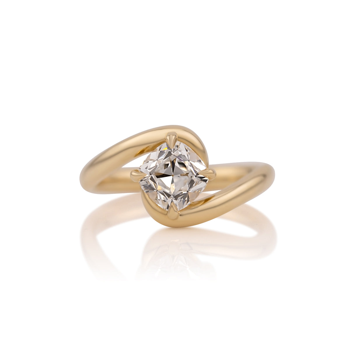 1.50ct old mine cut lab diamond bypass ring in 14k yellow gold, shown head on against a white background