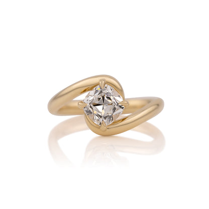 1.50ct old mine cut lab diamond bypass ring in 14k yellow gold, shown head on against a white background