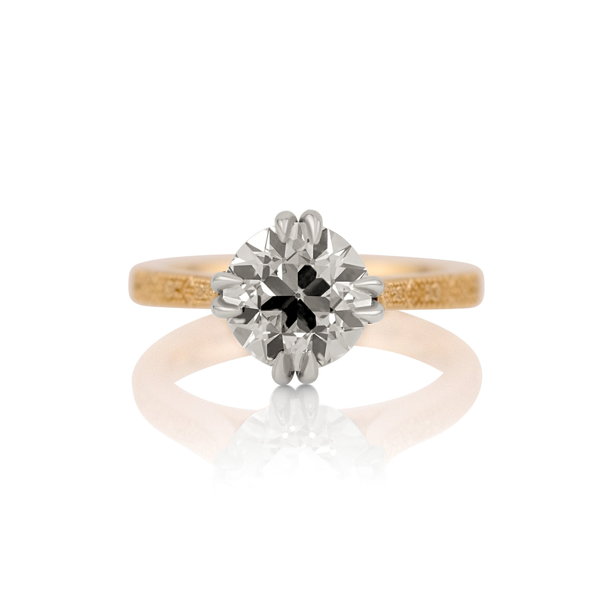 Daphne 2.56ct old European cut two tone ring, shown head on against a white background