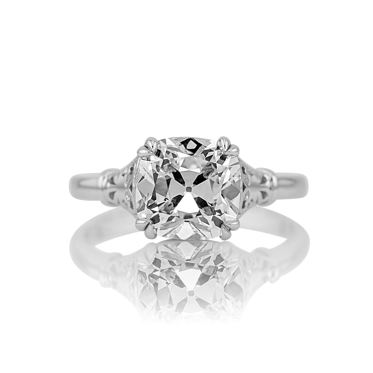 2.76ct old mine cut lab diamond solitaire in 14k white gold, shown head on against a white background
