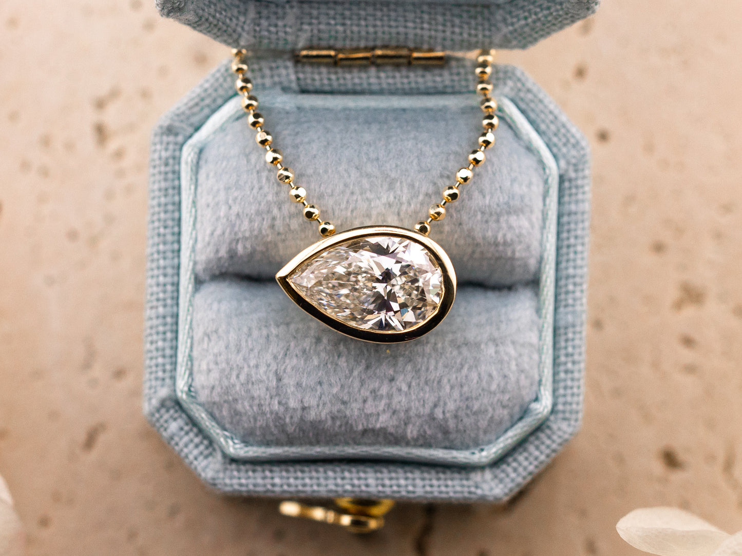 Lab grown diamond pendant, bezel set pear 