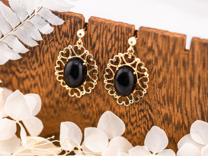 Vintage Onyx Earrings Post Dangle Earrings 14k Solid Gold