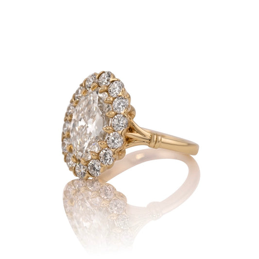 Side profile of the Callie oval halo ring showing the setting and band