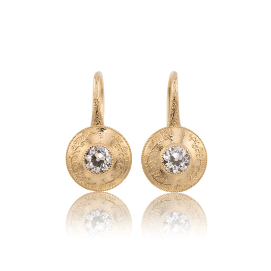 1.20cttw old European cut lab diamond drop earrings in 14k yellow gold, shown head on against a white background