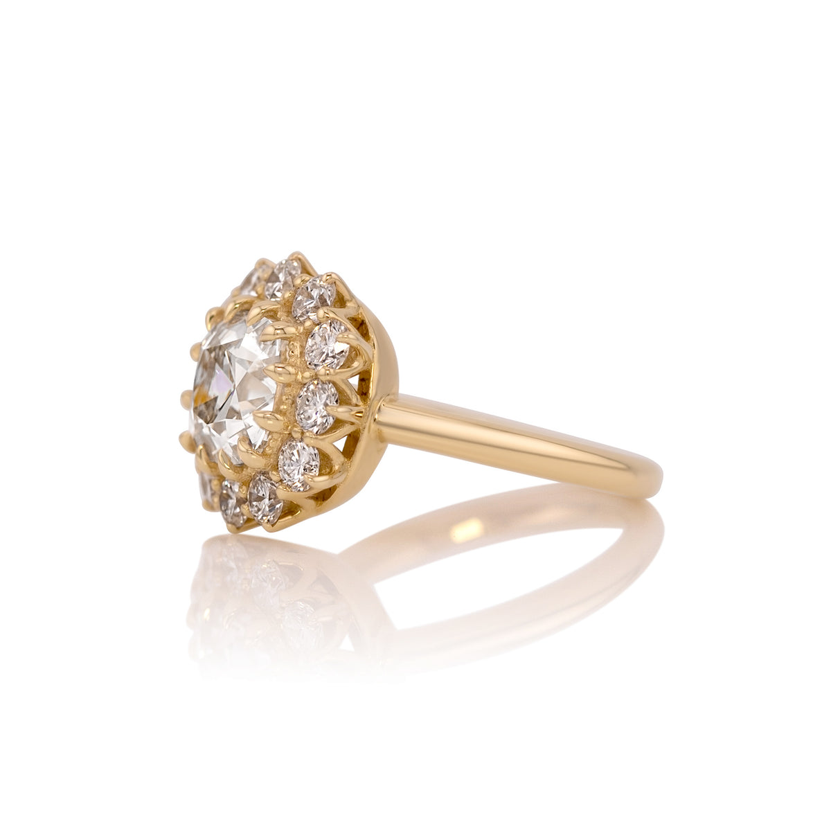 Side profile of the 2.64ct old mine cut halo ring