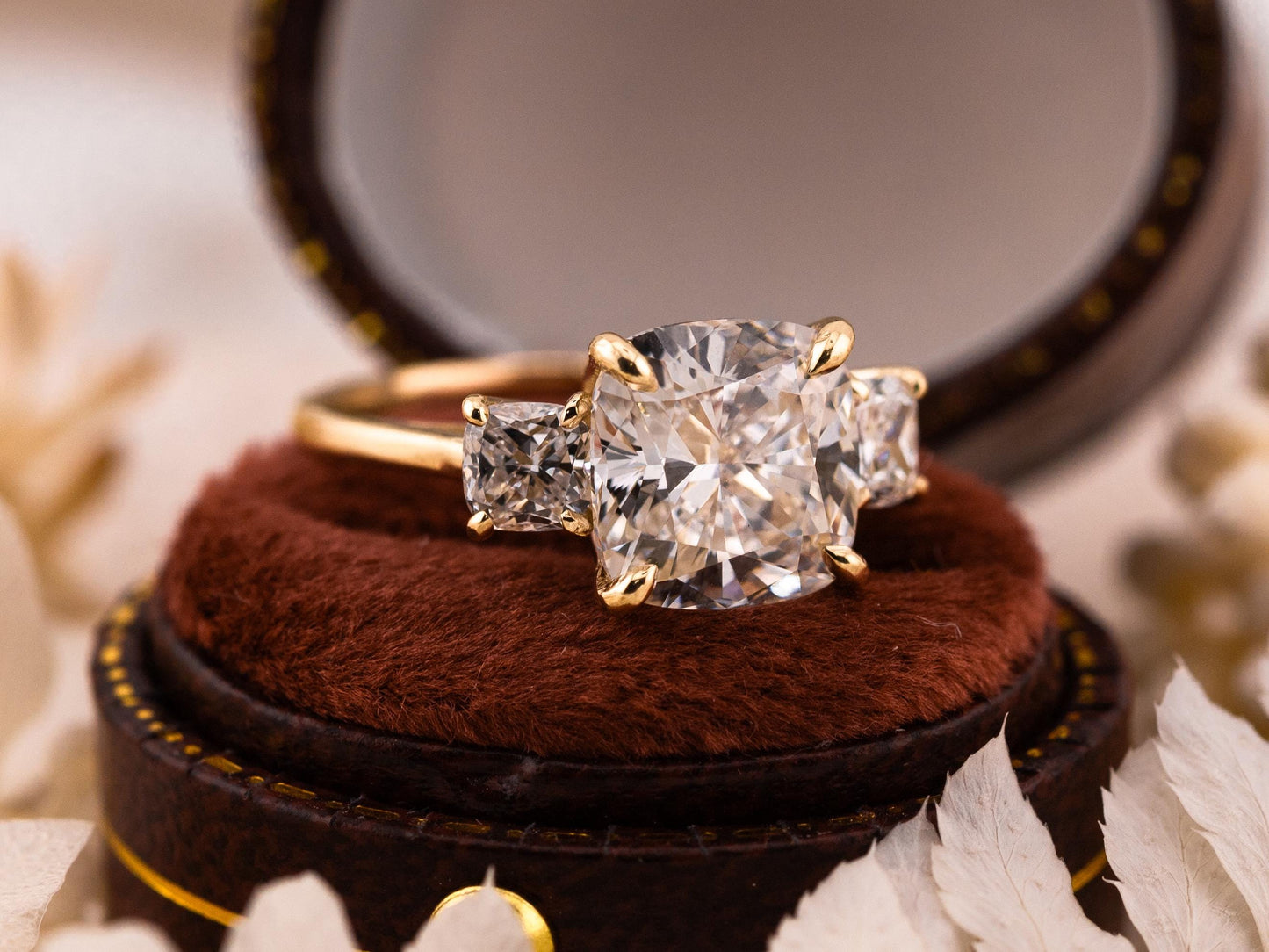 Cushion cut engagement ring three stone engagement ring lab grown diamond ring 3 carat solid gold IGI certified lab grown diamonds