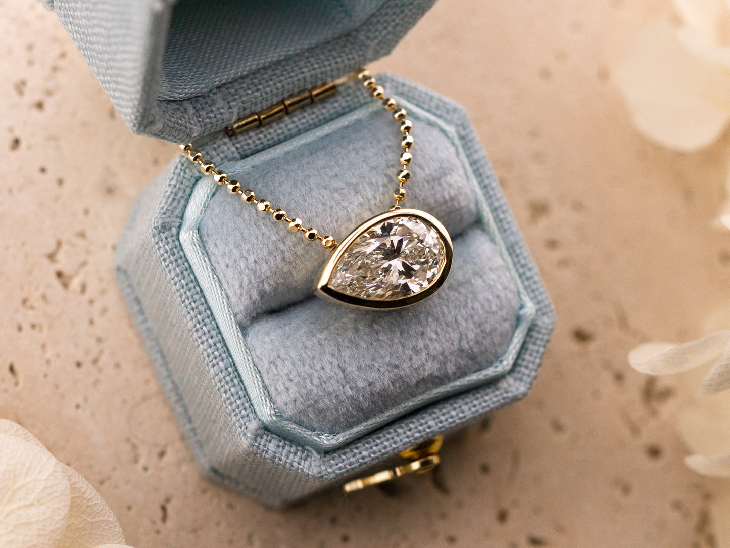 Lab grown diamond pendant, bezel set pear 