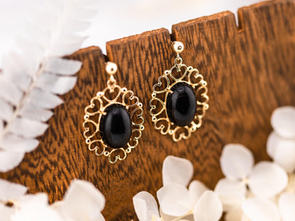 Vintage Onyx Earrings Post Dangle Earrings 14k Solid Gold