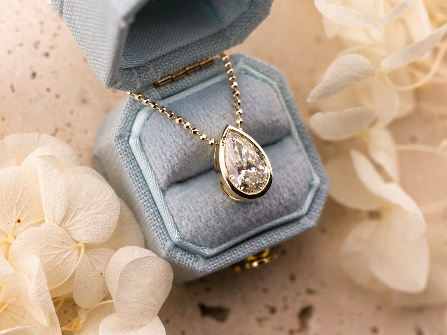 Lab grown diamond pendant, bezel set pear 