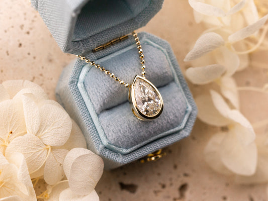 Lab grown diamond pendant, bezel set pear 