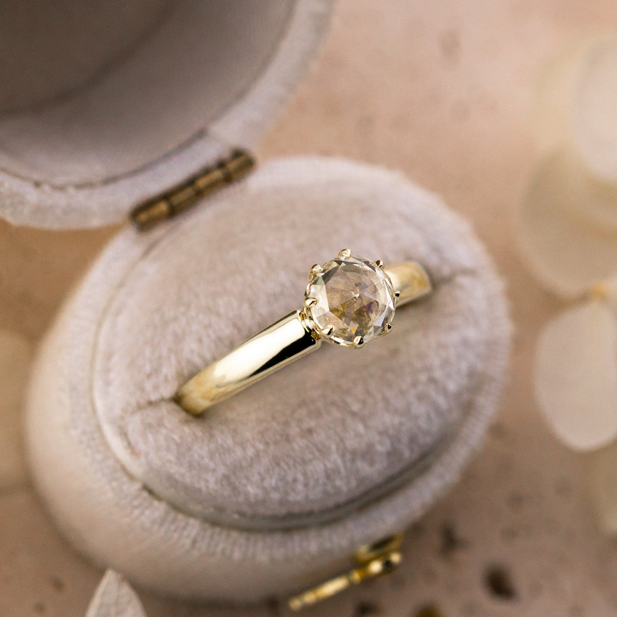 Camille engagement ring, a J color VS1 natural rose cut diamond with six prongs