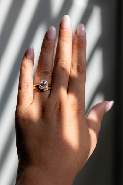 Libby 2.76ct old mine cut bridal set worn on the hand in 14k yellow gold