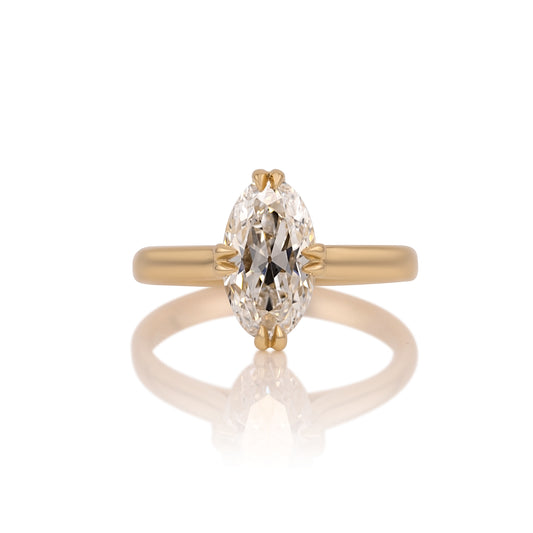 2.01ct antique style moval lab diamond ring in 14k yellow gold, shown head on against a white background