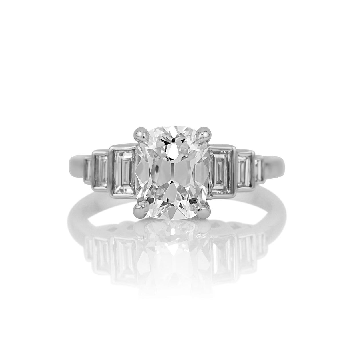 2.00ct old mine cut lab diamond solitaire ring in 14k white gold, shown head on against a white background