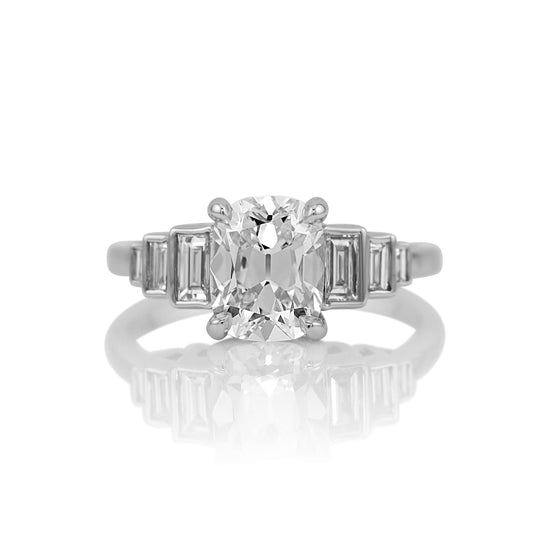 2.00ct old mine cut lab diamond solitaire ring in 14k white gold, shown head on against a white background