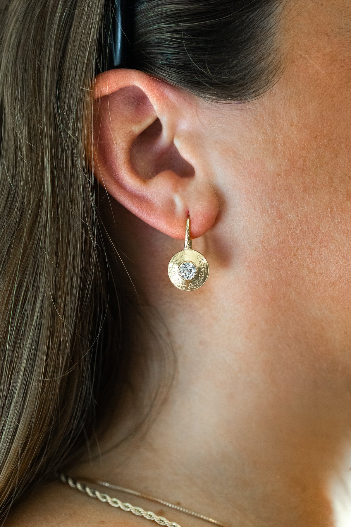 Pair of old European cut diamond drop earrings in rich 14k yellow gold