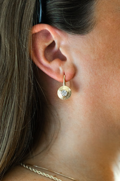 Pair of old European cut diamond drop earrings in rich 14k yellow gold