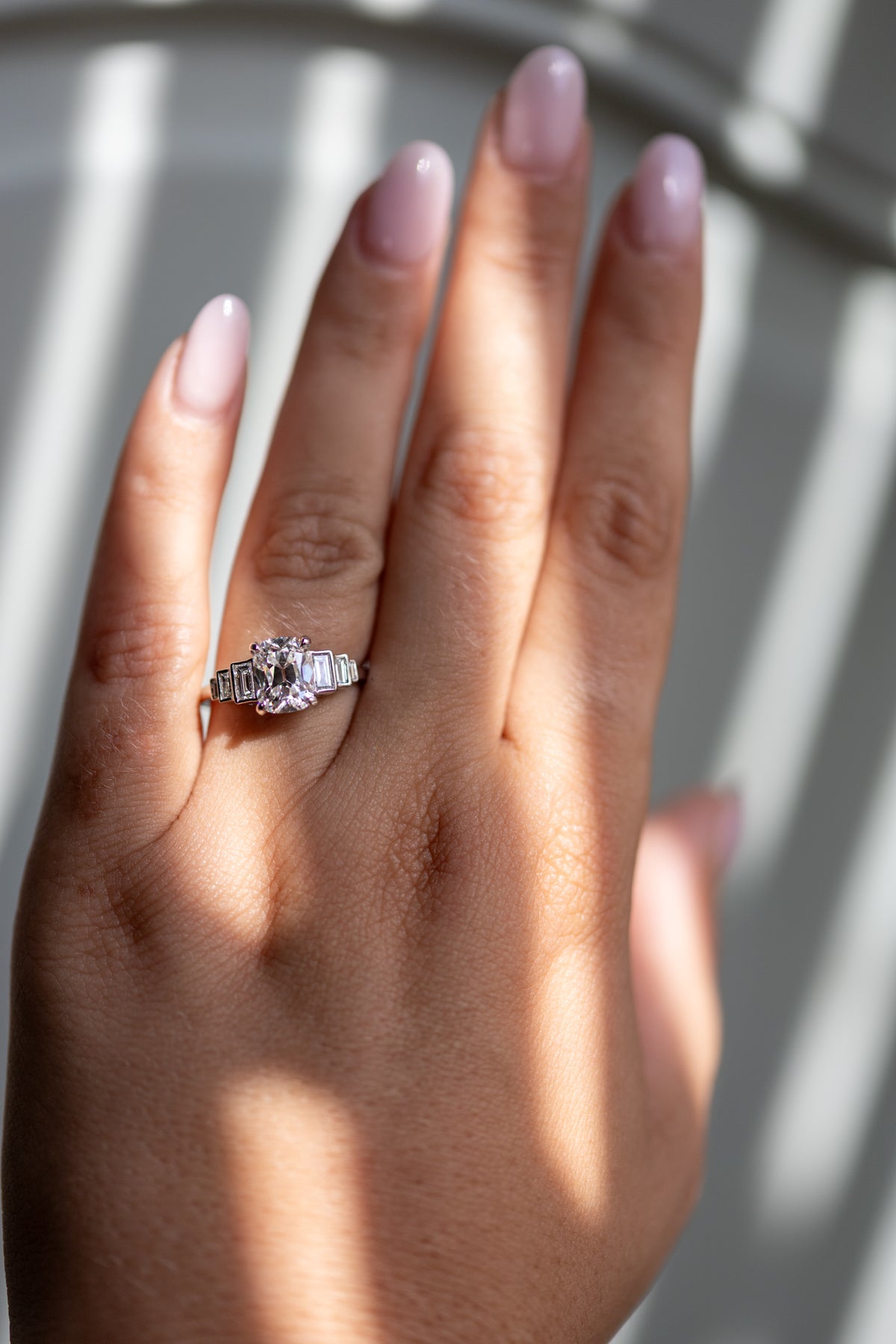 Kady 2.00ct old mine cut solitaire worn on the hand in 14k white gold