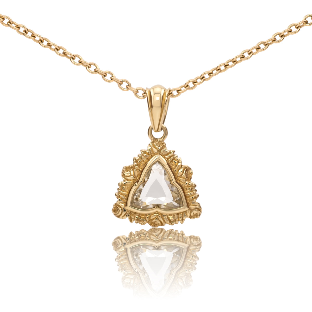 0.83ct natural clover diamond Rosette pendant in 14k yellow gold, shown head on against a white background