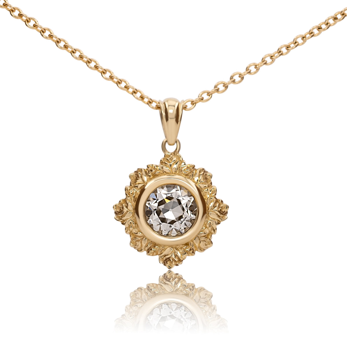 1.22ct old European cut Rosette pendant in 14k yellow gold, shown head on against a white background