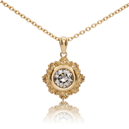 1.22ct old European cut Rosette pendant in 14k yellow gold, shown head on against a white background