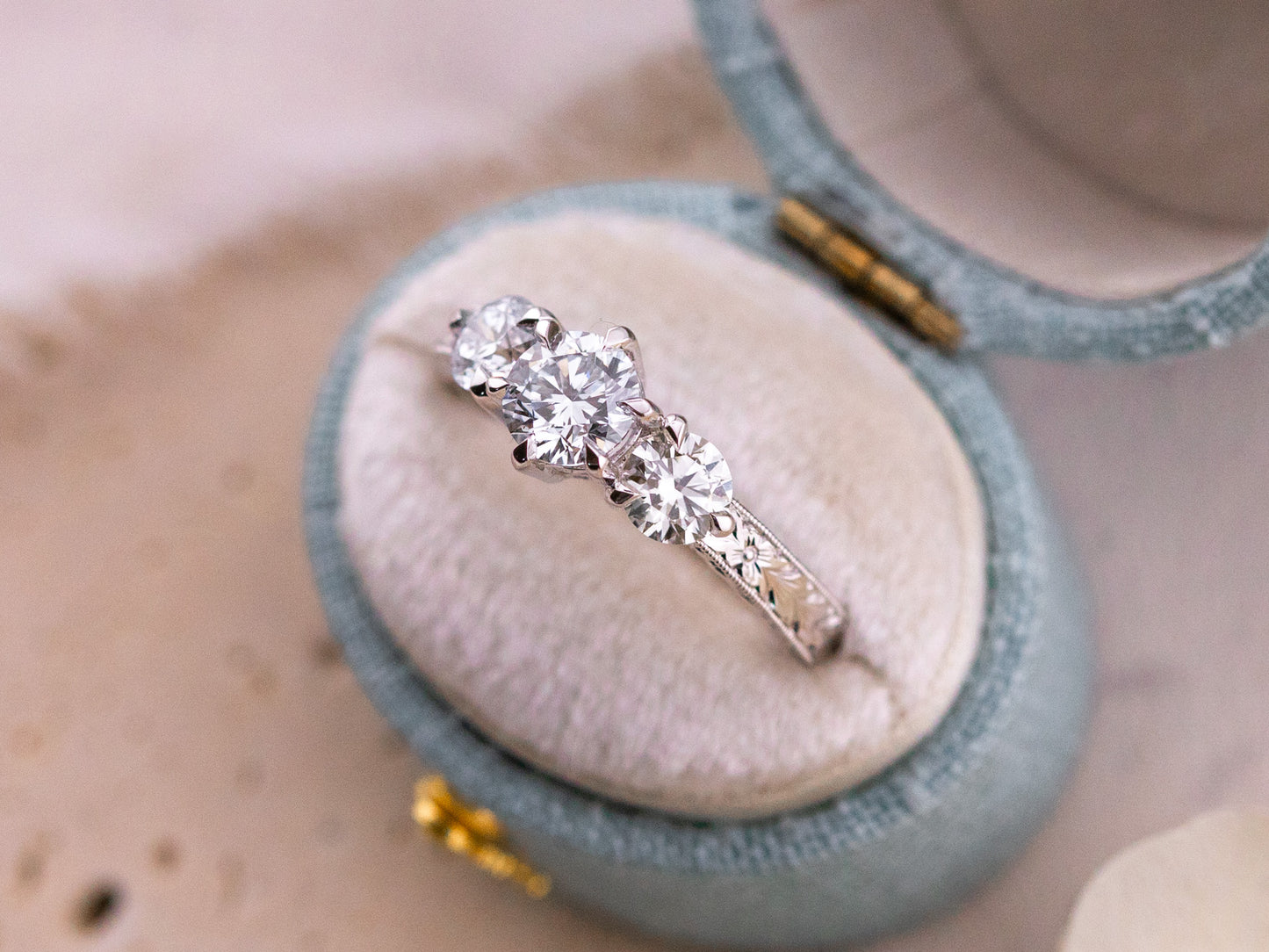 1.38ctw Round Brilliant Lab Diamond Three Stone Engraved Ring - Francesca