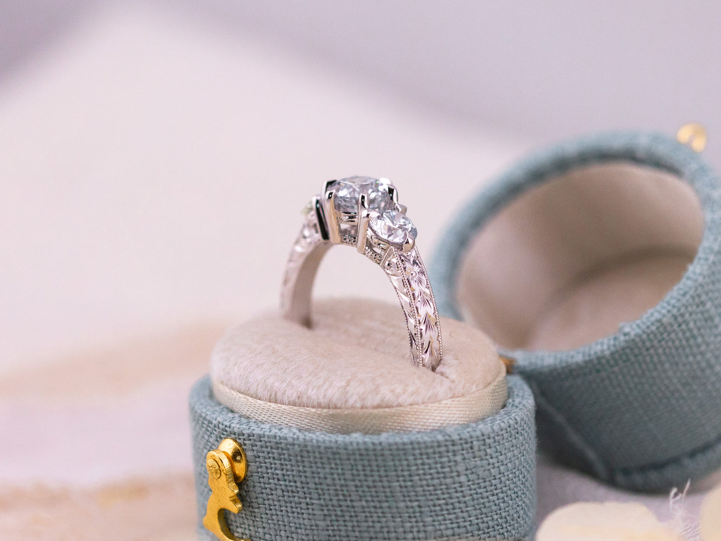 1.38ctw Round Brilliant Lab Diamond Three Stone Engraved Ring - Francesca
