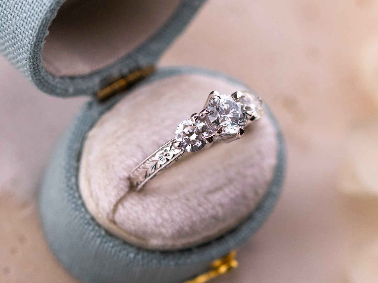 1.38ctw Round Brilliant Lab Diamond Three Stone Engraved Ring - Francesca