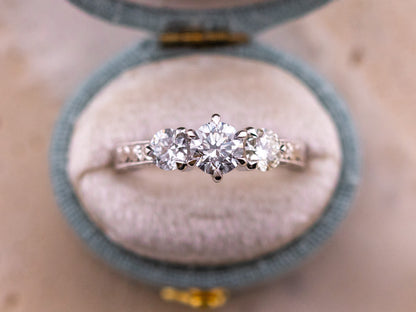1.38ctw Round Brilliant Lab Diamond Three Stone Engraved Ring - Francesca