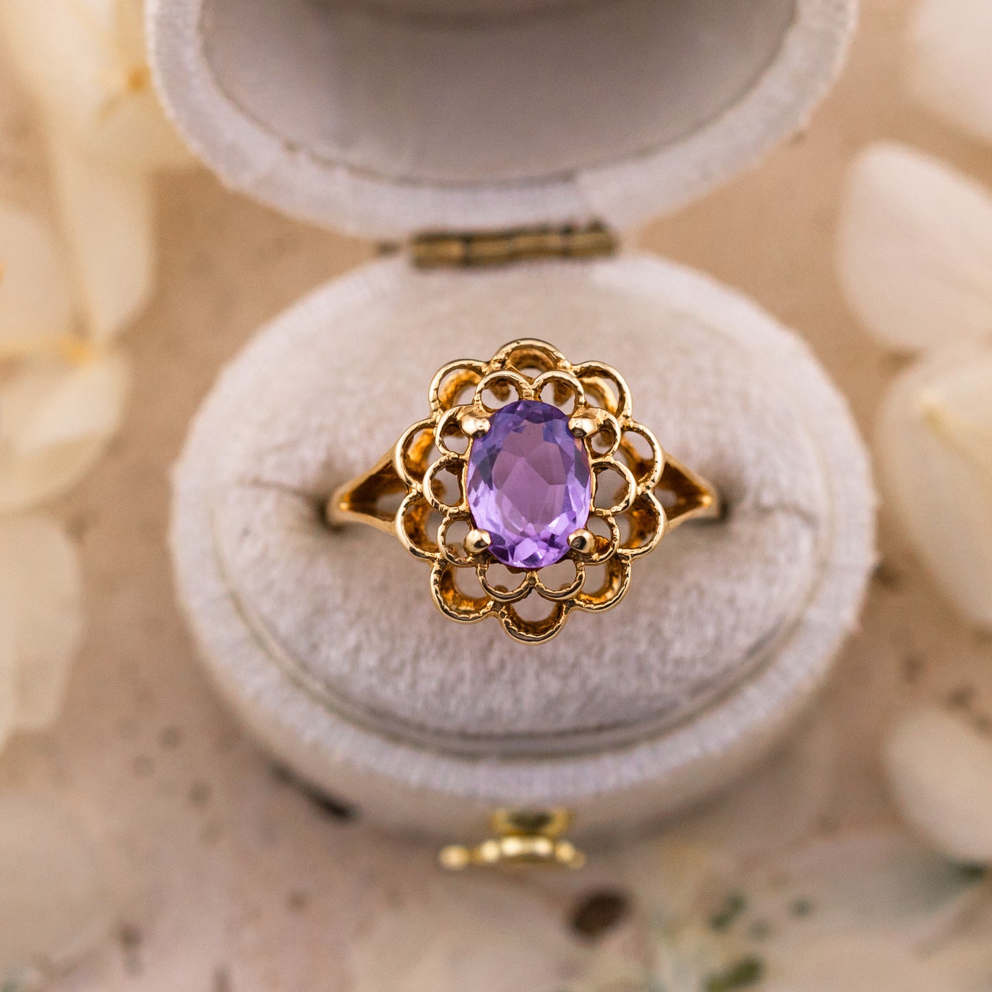 Vintage Filigree Amethyst Ring, 10k Yellow Gold, Size 6.25