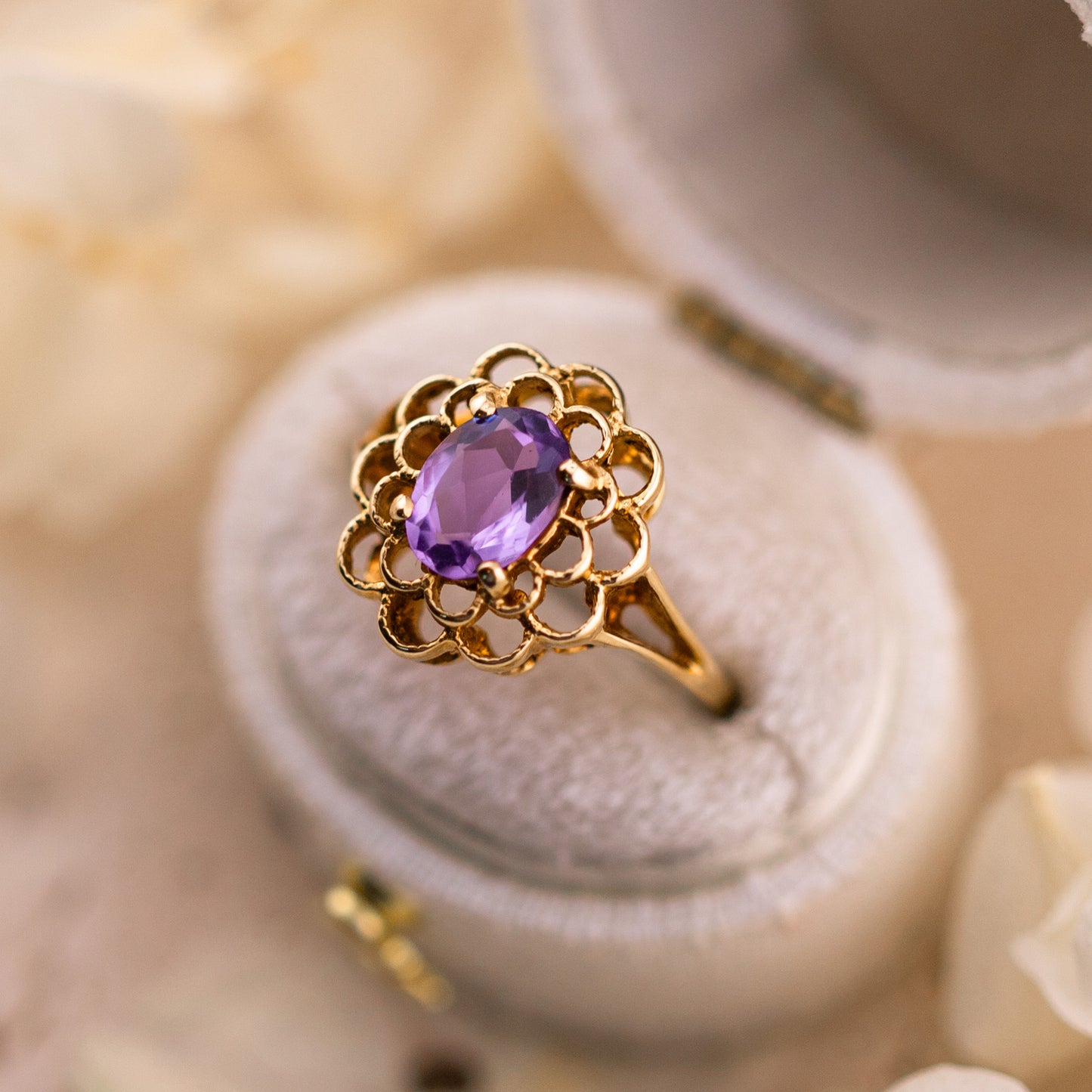 Vintage Filigree Amethyst Ring, 10k Yellow Gold, Size 6.25