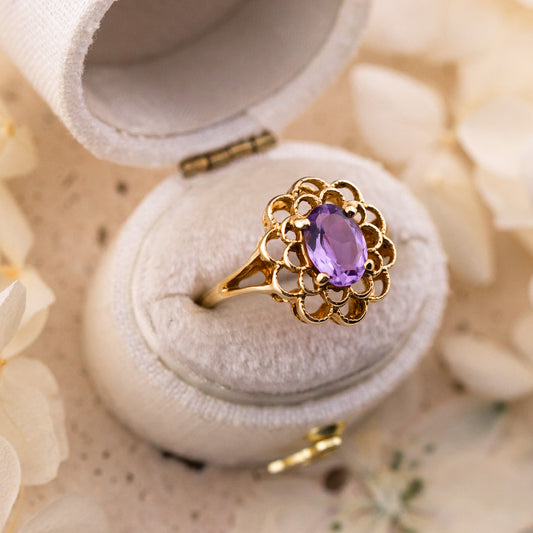 Vintage Filigree Amethyst Ring, 10k Yellow Gold, Size 6.25
