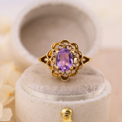 Vintage Filigree Amethyst Ring, 10k Yellow Gold, Size 6.25