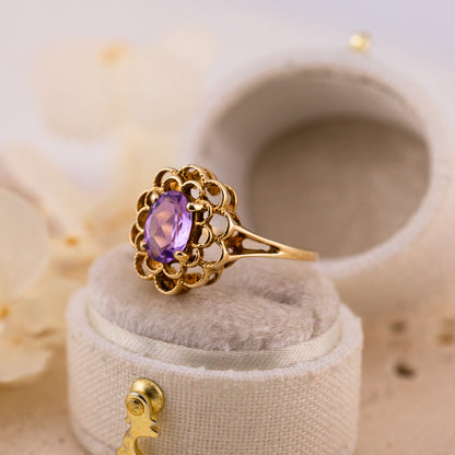 Vintage Filigree Amethyst Ring, 10k Yellow Gold, Size 6.25