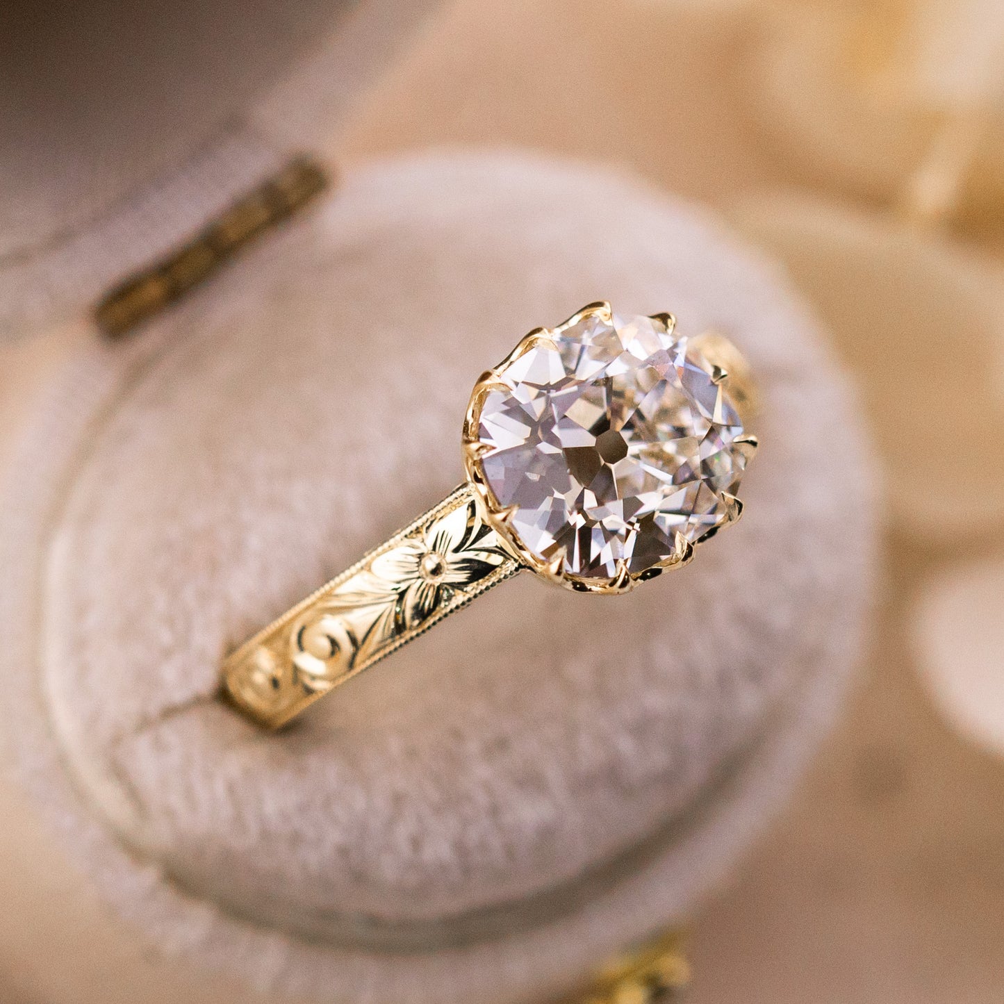 2.59ct Old Mine Cut Lab Diamond Hand Engraved Ring – Madelaine