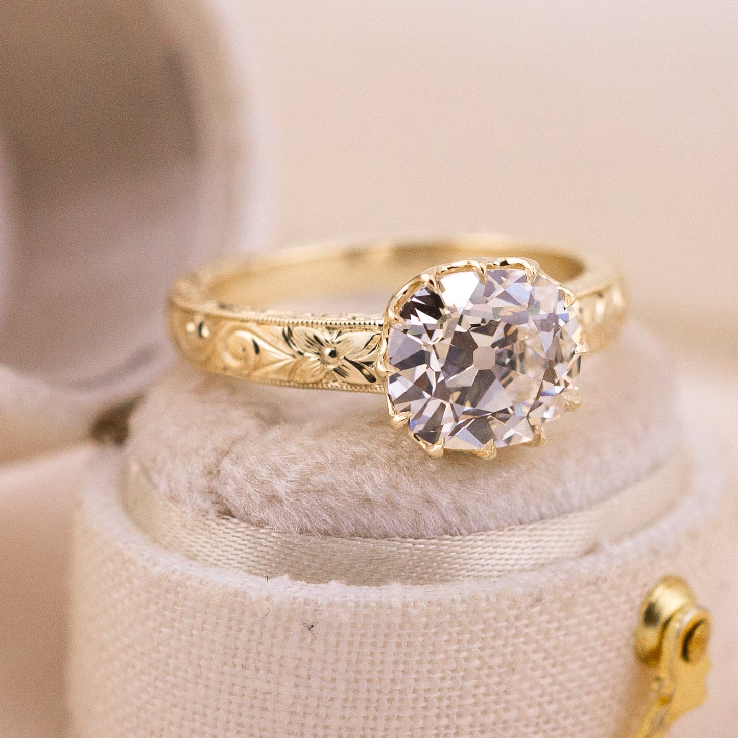 2.59ct Old Mine Cut Lab Diamond Hand Engraved Ring – Madelaine