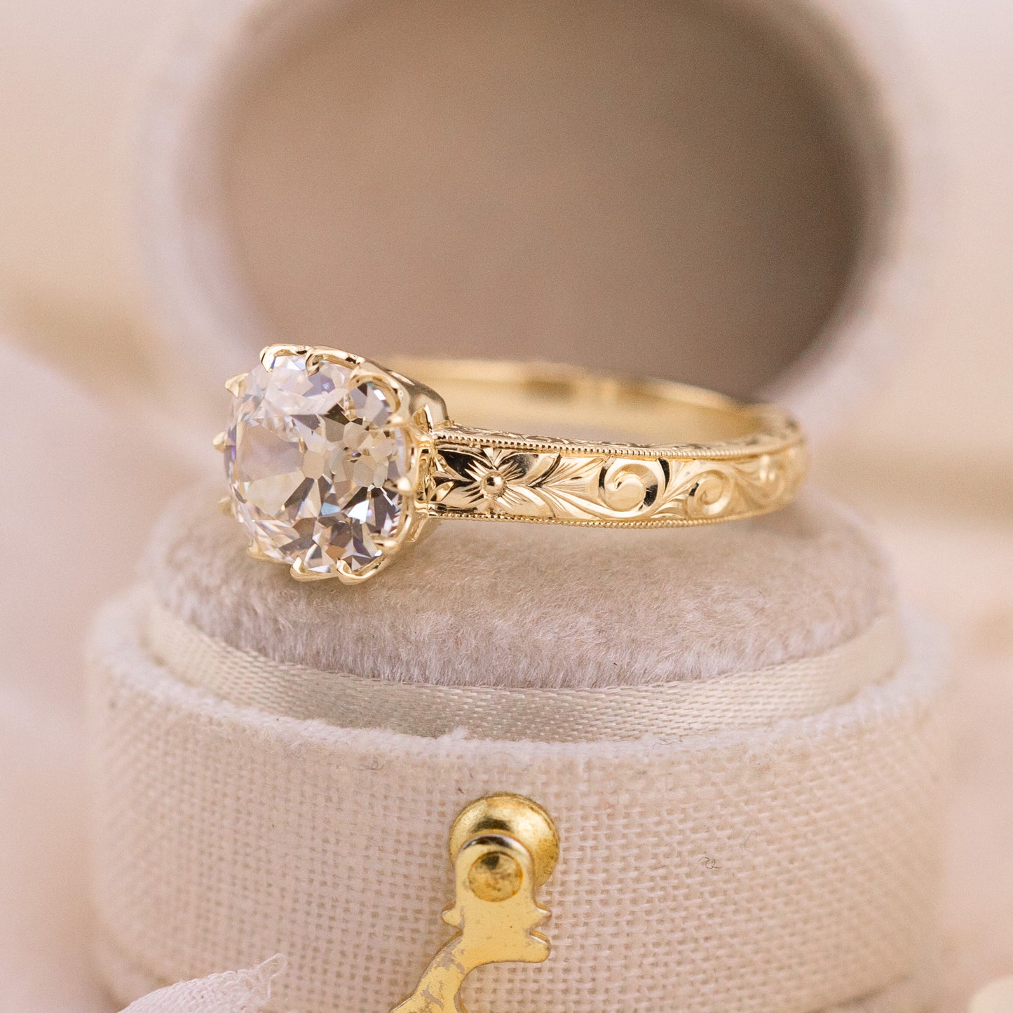 2.59ct Old Mine Cut Lab Diamond Hand Engraved Ring – Madelaine