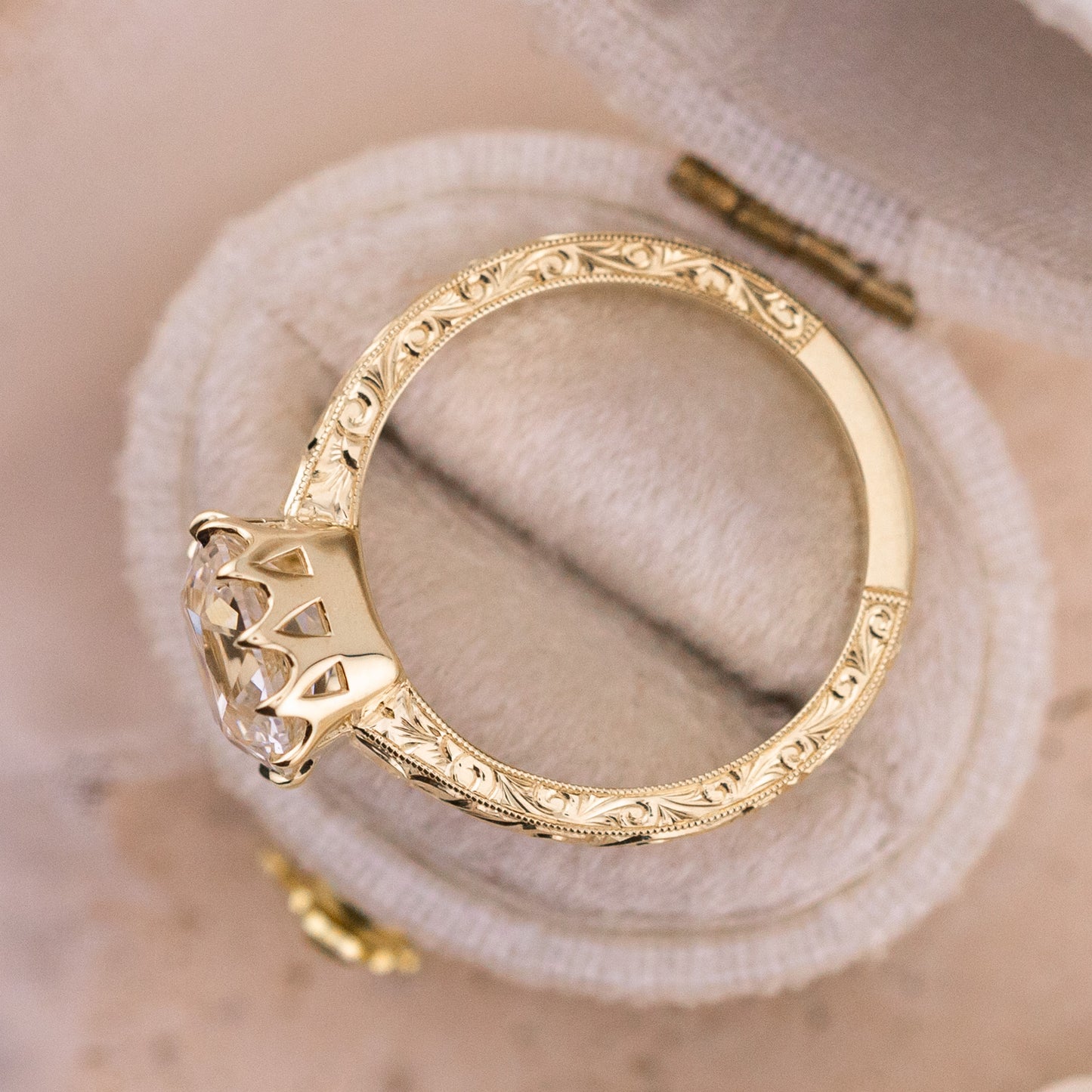2.59ct Old Mine Cut Lab Diamond Hand Engraved Ring – Madelaine