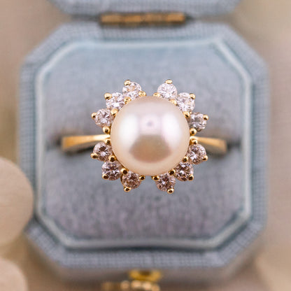 Vintage Pearl Diamond 14k Yellow Gold Ring, Size 5