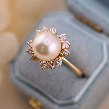 Vintage Pearl Diamond 14k Yellow Gold Ring, Size 5