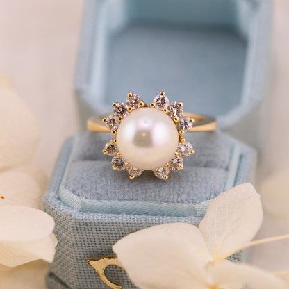 Vintage Pearl Diamond 14k Yellow Gold Ring, Size 5